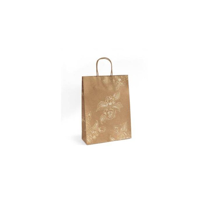 TOREBKA NA PREZENTY 33X10X24CM ARGO 257011 CIEMNOBEŻOWA ZŁOTE KWIATY PAPIER KRAFT 5SZT