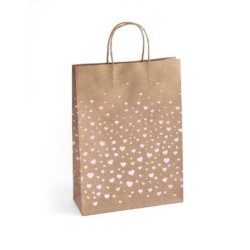 TOREBKA NA PREZENTY 33X10X24CM ARGO 257010 CIEMNOBEŻOWA RÓŻOWE SERCA PAPIER KRAFT 5SZT
