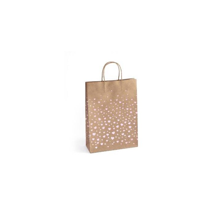 TOREBKA NA PREZENTY 33X10X24CM ARGO 257010 CIEMNOBEŻOWA RÓŻOWE SERCA PAPIER KRAFT 5SZT