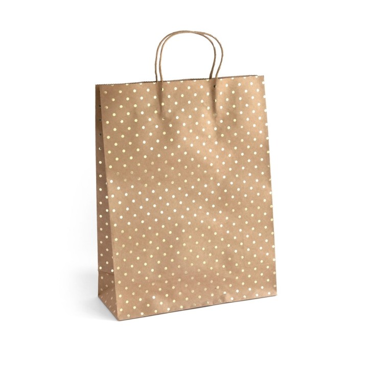 TOREBKA NA PREZENTY 39X12X30CM ARGO 257006 CIEMNOBEŻOWA ZŁOTE KROPKI PAPIER KRAFT 5SZT