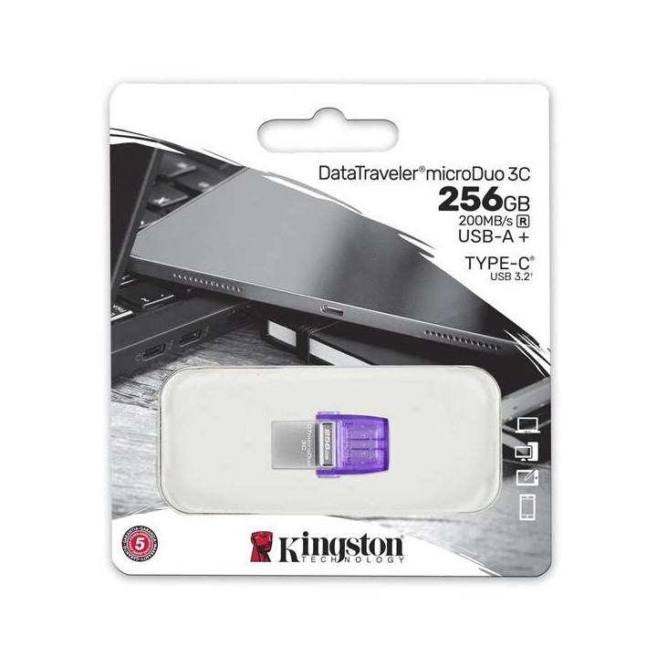 KINGSTON USB FLASH DISK OTG, USB 3.0, 256GB, DATA TRAVELER MICRODUO3 G2, SREBRNO-FIOLETOWY, DTDUO3CG3/256GB, USB A / USB C