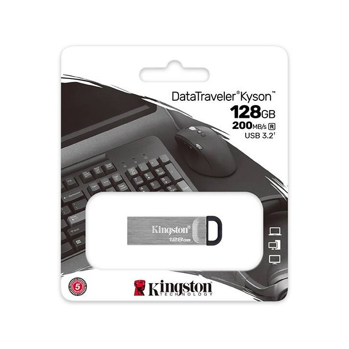 KINGSTON USB FLASH DISK, USB 3.0, 128GB, DATATRAVELER(R) KYSON, SREBRNY, DTKN/128GB, USB A, Z OCZKIEM NA BRELOK