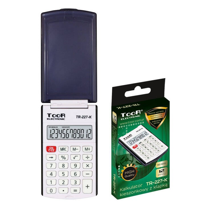 KALKULATOR KIESZONKOWY 12CYFR TOOR ELECTRONIC TR-227 Z KLAPKĄ 120-1857 BIAŁY ZASILANIE BATERYJNE 102X60X12MM