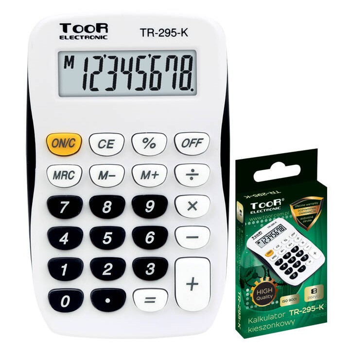 KALKULATOR KIESZONKOWY 8CYFR TOOR ELECTRONIC TR-295-K 120-1769 BIAŁO-CZARNY ZASILANIE BATERYJNE 90X55X11MM