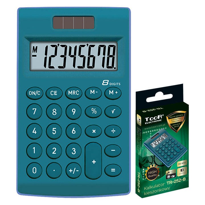 KALKULATOR KIESZONKOWY 8CYFR TOOR ELECTRONIC TR-252-B 120-1771 NIEBIESKI ZASILANIE SOLARNE + BATERIA 101X62X11MM