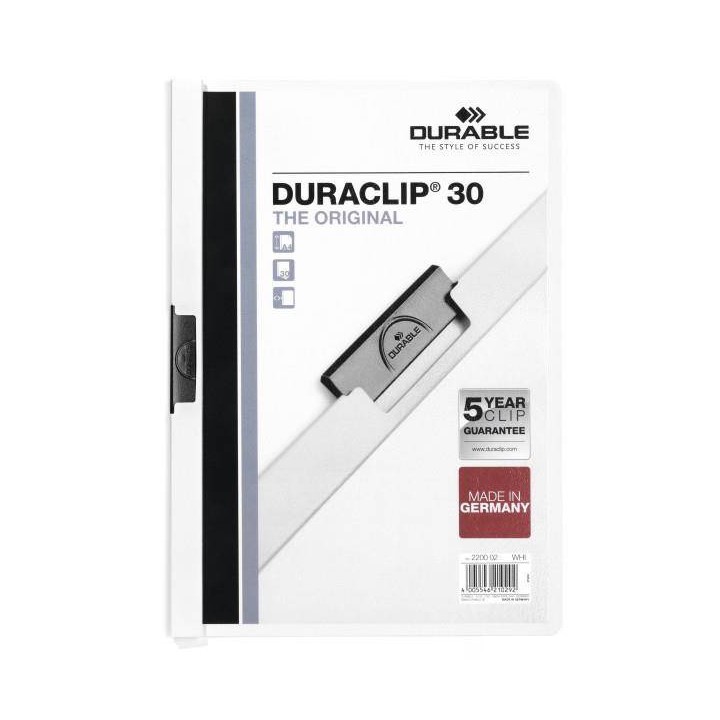 SKOROSZYT ZACISKOWY A4 DURABLE DURACLIP 220002 BIAŁY PLASTIKOWY 30 KRT
