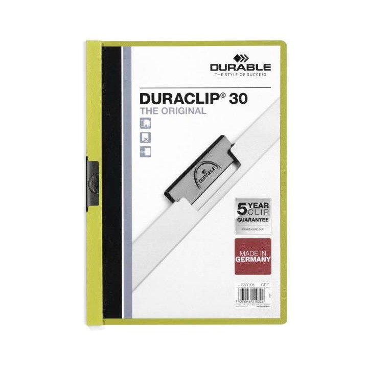 SKOROSZYT ZACISKOWY A4 DURABLE DURACLIP 220005 ZIELONY PLASTIKOWY 30 KRT