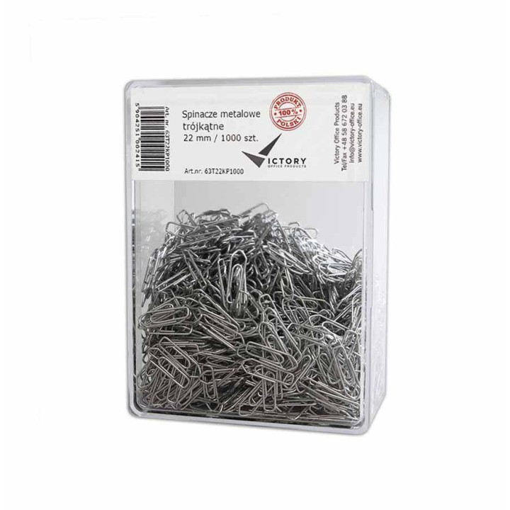 SPINACZE TRÓJKĄTNE 22MM VICTORY OFFICE PRODUCTS 63T22KP1000 METALOWE W POJEMNIKU PLASTIKOWYM 1000SZT