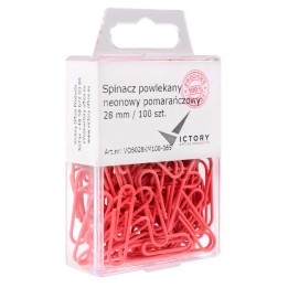 SPINACZE OKRĄGŁE 28MM VICTORY OFFICE PRODUCTS 6028KM100-065 NEONOWE POMARAŃCZOWE METALOWEPOWLEKANE W ZAWIESZANYM POJEMNIKU PLAST