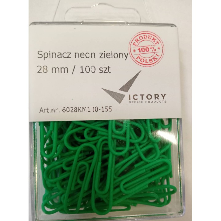 SPINACZE OKRĄGŁE 28MM VICTORY OFFICE PRODUCTS 6028KM100-155 NEONOWE ZIELONE METALOWEPOWLEKANE W ZAWIESZANYM POJEMNIKU PLASTIKOWY