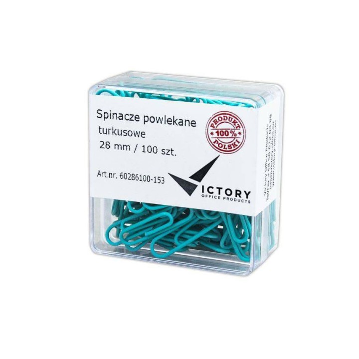 SPINACZE OKRĄGŁE 28MM VICTORY OFFICE PRODUCTS 60286100-153 PASTELOWE TURKUSOWE METALOWEPOWLEKANE W POJEMNIKU PLASTIKOWYM 100SZT