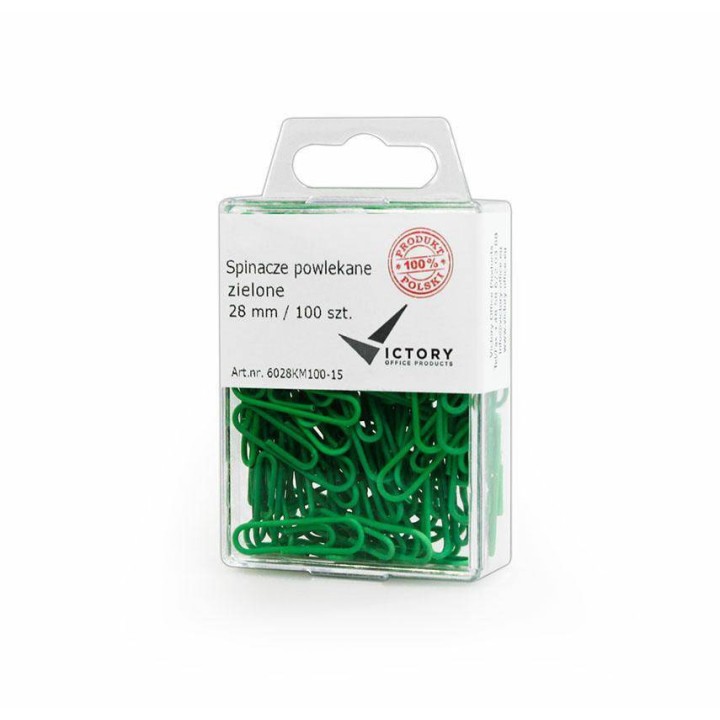 SPINACZE OKRĄGŁE 28MM VICTORY OFFICE PRODUCTS 6028KM100-15 ZIELONE METALOWEPOWLEKANE W ZAWIESZANYM POJEMNIKU PLASTIKOWYM 100SZT