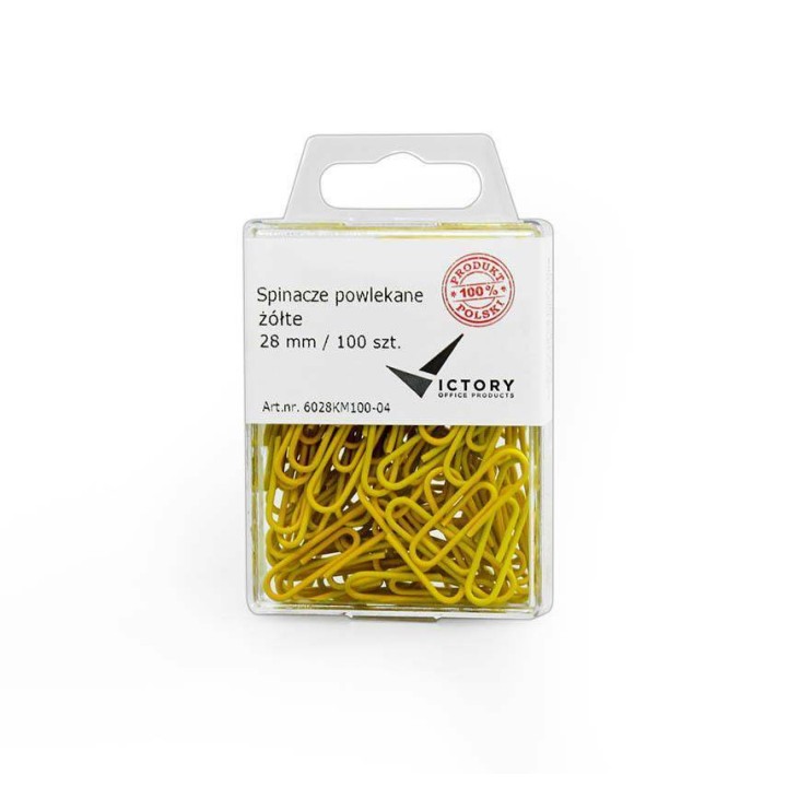 SPINACZE OKRĄGŁE 28MM VICTORY OFFICE PRODUCTS 6028KM100-04 ŻÓŁTE METALOWEPOWLEKANE W ZAWIESZANYM POJEMNIKU PLASTIKOWYM 100SZT
