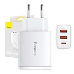 Ładowarka sieciowa Baseus Compact Quick Charger, 2xUSB, USB-C, PD, 3A, 30W (biała)