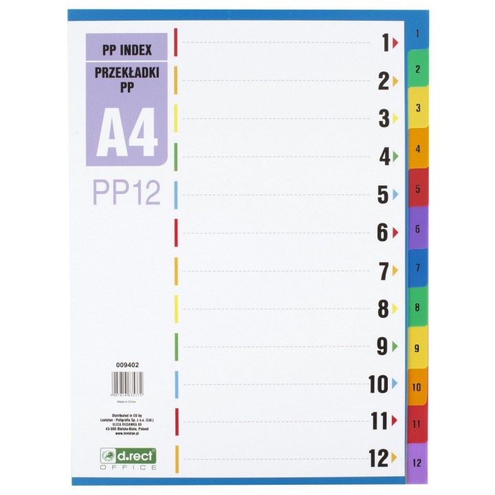 PRZEKŁADKI 1-12 A4 D.RECT MIX KOLORÓW PP 12KART