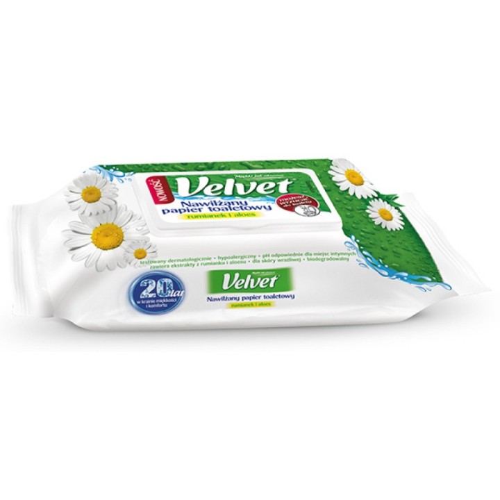 PAPIER TOALETOWY NAWILŻANY VELVET RUMIANEK & ALOES BIAŁY 48 SZT