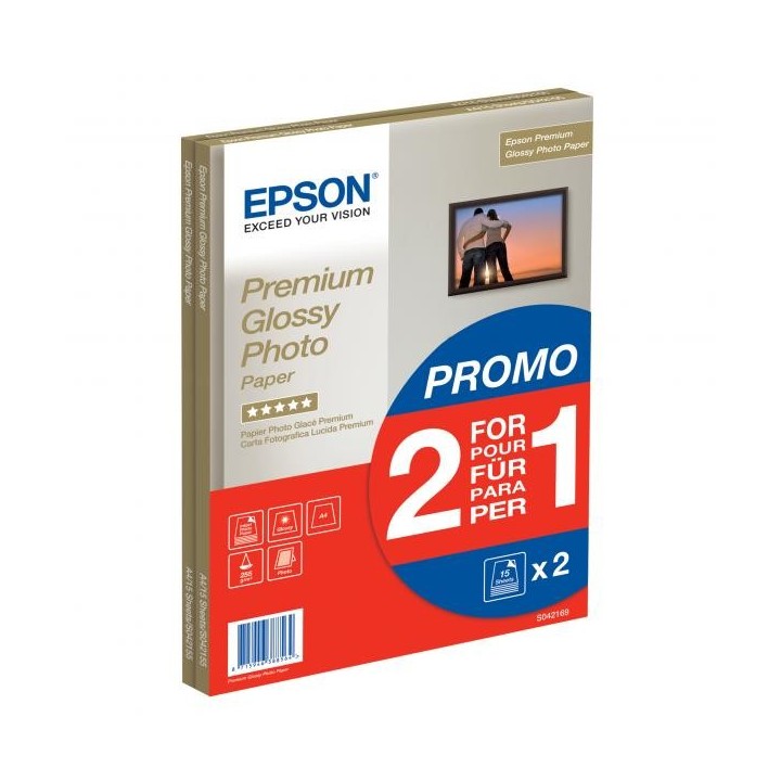 EPSON PREMIUM GLOSSY PHOTO PA, C13S042169, FOTO PAPIER, GRATIS 1+1 TYP POŁYSK, BIAŁY, A4, 255 G/M2, 30 SZT., ATRAMENT