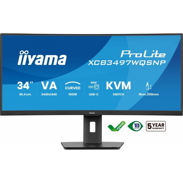 IIYAMA MONITOR 34 CALI XCB3497WQSNP-B1 VA,UWQHD,1500R,USB-CDOCK,KVM,95W, 2XHDMI, 1XDP, RJ45,2X5W,21:9 /5Y/