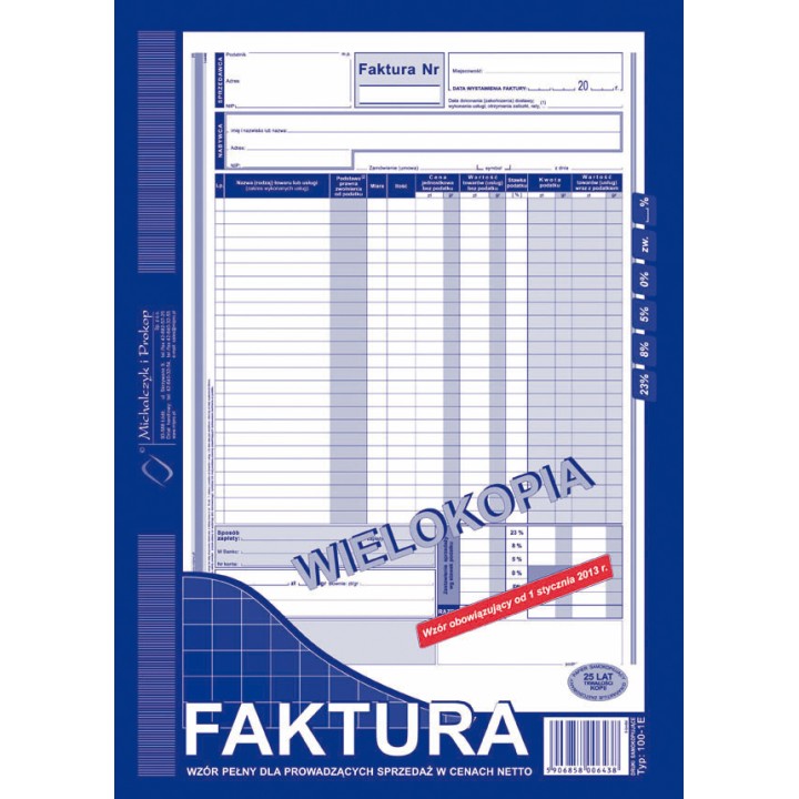 DRUK AKCYDENSOWY FA DLA PROWADZĄCYCH SPRZEDAŻ W CENACH NETTO A4 MICHALCZYK I PROKOP WIELOKOPIA 80 KART.