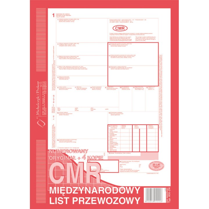 DRUK AKCYDENSOWY CMR MIĘDZYNARODOWY LIST PRZEWOZOWY(NUMEROWANY) A4 MICHALCZYK I PROKOP ORYGINAŁ + 4 KOPIE 80 KART.