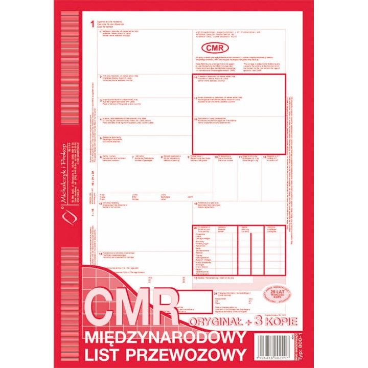DRUK AKCYDENSOWY CMR MIĘDZYNARODOWY LIST PRZEWOZOWY(NUMEROWANY) A4 MICHALCZYK I PROKOP ORYGINAŁ + 5 KOPII 84 KART