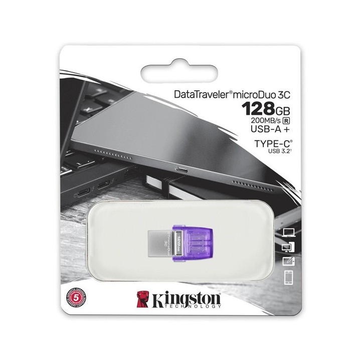 KINGSTON USB FLASH DISK OTG, USB 3.0, 128GB, DATA TRAVELER MICRODUO3 G2, SREBRNO-FIOLETOWY, DTDUO3CG3/128GB, USB A / USB C