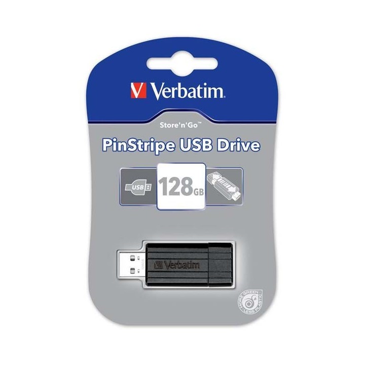 VERBATIM USB FLASH DISK, USB 2.0, 128GB, PINSTRIPE, CZARNY, 49071