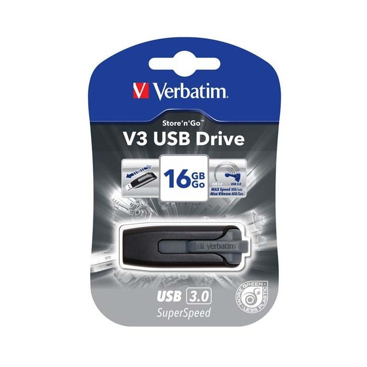 VERBATIM USB FLASH DISK, USB 3.0, 16GB, V3, STORE N GO, CZARNY, 49172, USB A, Z WYSUWANYM ZŁĄCZEM