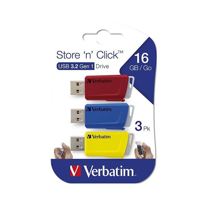 VERBATIM USB FLASH DISK, USB 3.0, 16GB, STORE N CLICK, MIX KOLORÓW, 49306, USB A, Z WYSUWANYM ZŁĄCZEM. 3 SZT
