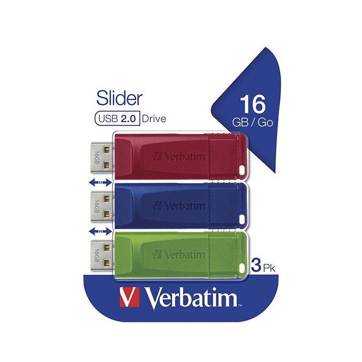 VERBATIM USB FLASH DISK, USB 2.0, 16GB, SLIDER, ZIELONY, NIEBIESKI, CZERWONY, 49326, USB A, Z WYSUWANYM ZŁĄCZEM. 3 SZT