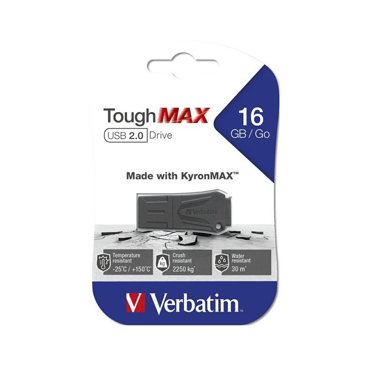VERBATIM USB FLASH DISK, USB 2.0, 16GB, TOUGHMAX, CZARNY, 49330, USB A, KOMPOZYT KYRONMAX(TM)