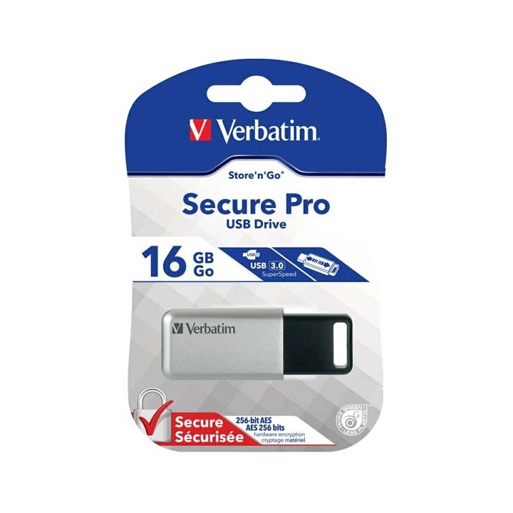 VERBATIM USB FLASH DISK, USB 3.0, 16GB, SECURE PRO, STORE N GO, SREBRNY, 98664, USB A, SZYFROWANIE AES 256-BIT, WYSUWANE ZŁĄCZE