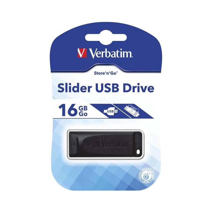 VERBATIM USB FLASH DISK, USB 2.0, 16GB, SLIDER, STORE N GO, CZARNY, 98696, USB A, Z WYSUWANYM ZŁĄCZEM