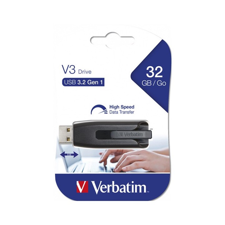 VERBATIM USB FLASH DISK, USB 3.0, 32GB, V3, STORE N GO, CZARNY, 49173, USB A, Z WYSUWANYM ZŁĄCZEM