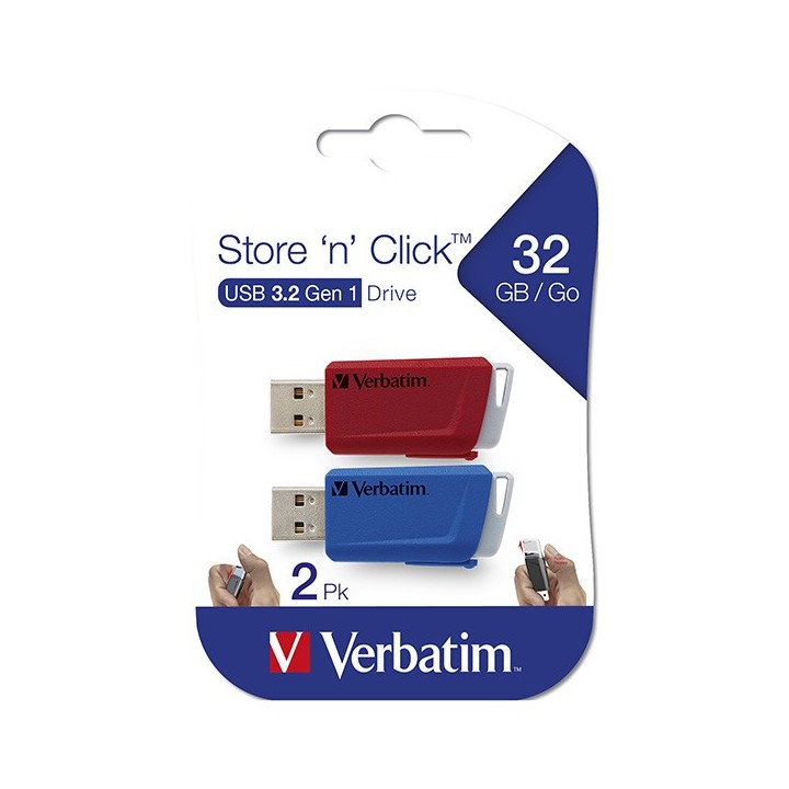 VERBATIM USB FLASH DISK, USB 3.0, 32GB, STORE N CLICK, MIX KOLORÓW, 49308, USB A, Z WYSUWANYM ZŁĄCZEM. 2 SZT