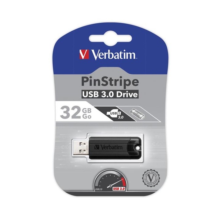 VERBATIM USB FLASH DISK, USB 3.0, 32GB, PINSTRIPE, STORE N GO, CZARNY, 49317, USB A, Z WYSUWANYM ZŁĄCZEM
