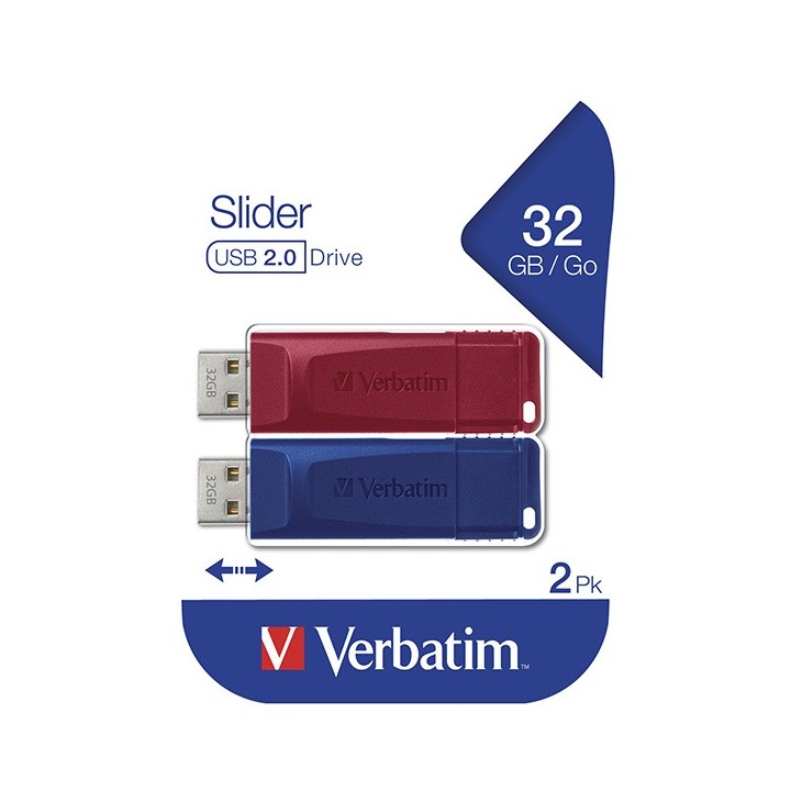 VERBATIM USB FLASH DISK, USB 2.0, 32GB, SLIDER, NIEBIESKI, CZERWONY, 49327, USB A, USB Z WYSUWANYM ZŁĄCZEM. 2 SZT