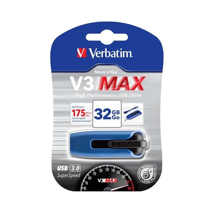 VERBATIM USB FLASH DISK, USB 3.0, 32GB, V3 MAX, STORE N GO, NIEBIESKI, 49806, USB A, Z WYSUWANYM ZŁĄCZEM