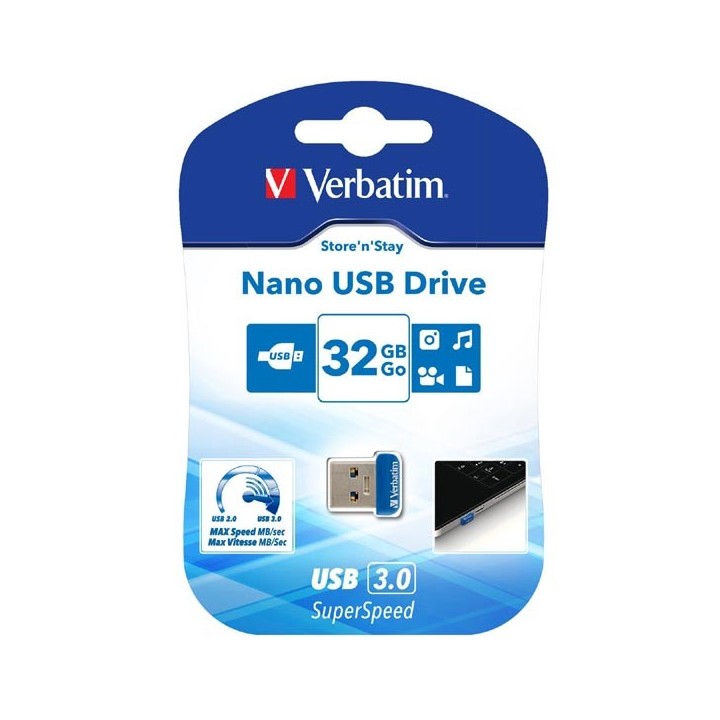 VERBATIM USB FLASH DISK, USB 3.0, 32GB, NANO, STORE N STAY, NIEBIESKI, 98710, USB A