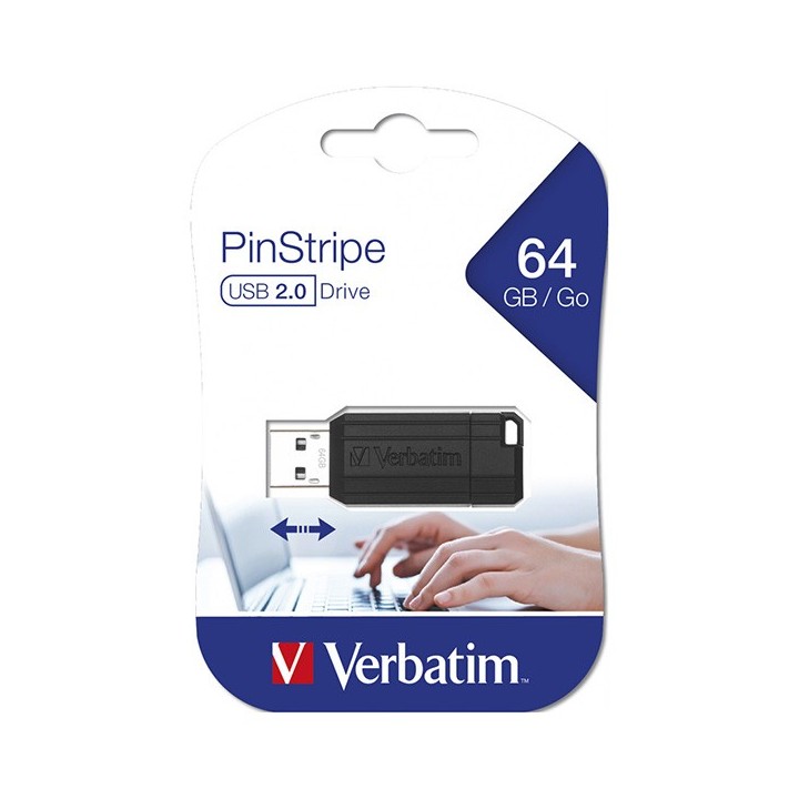 VERBATIM USB FLASH DISK, USB 2.0, 64GB, PINSTRIPE, STORE N GO, CZARNY, 49065, USB A, Z WYSUWANYM ZŁĄCZEM