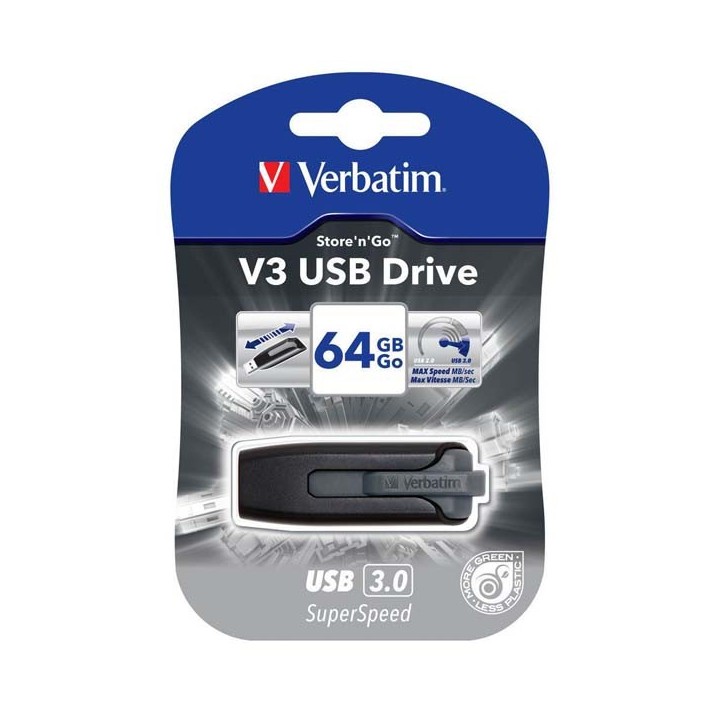 VERBATIM USB FLASH DISK, USB 3.0, 64GB, V3, STORE N GO, CZARNY, 49174, USB A, Z WYSUWANYM ZŁĄCZEM