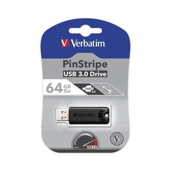 VERBATIM USB FLASH DISK, USB 3.0, 64GB, PINSTRIPE, STORE N GO, CZARNY, 49318, USB A, Z WYSUWANYM ZŁĄCZEM