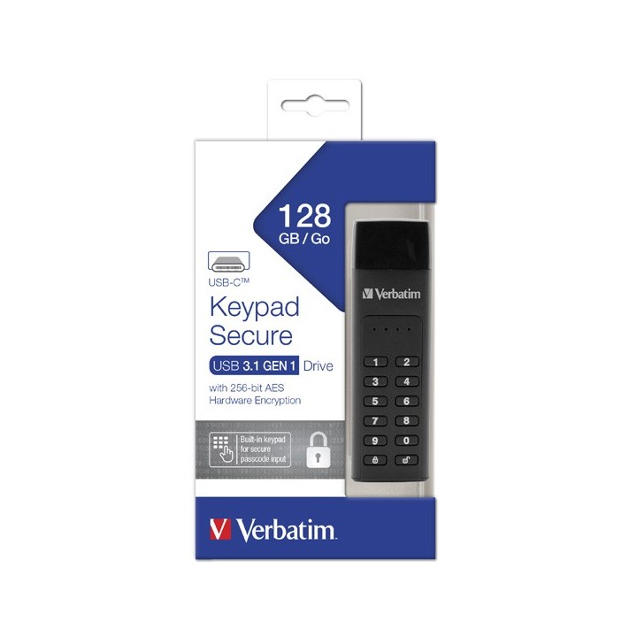 VERBATIM USB FLASH DISK, USB 3.0, 128GB, KEYPAD SECURE, CZARNY, 49432, USB C, 256BITOWE SZYFROWANIE AES, LED