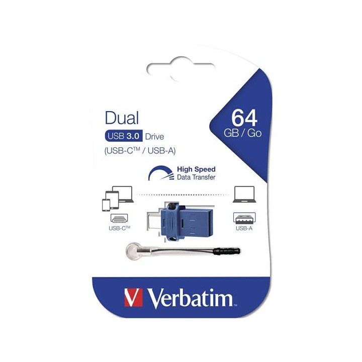 VERBATIM USB FLASH DISK OTG, USB 3.0, 64GB, DUAL, NIEBIESKI, 49967, USB A / USB C, Z OCZKIEM NA BRELOK