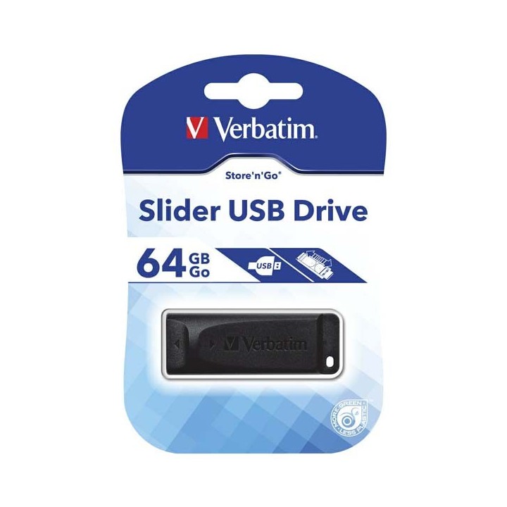 VERBATIM USB FLASH DISK, USB 2.0, 64GB, SLIDER, CZARNY, 98698, USB A, Z WYSUWANYM ZŁĄCZEM