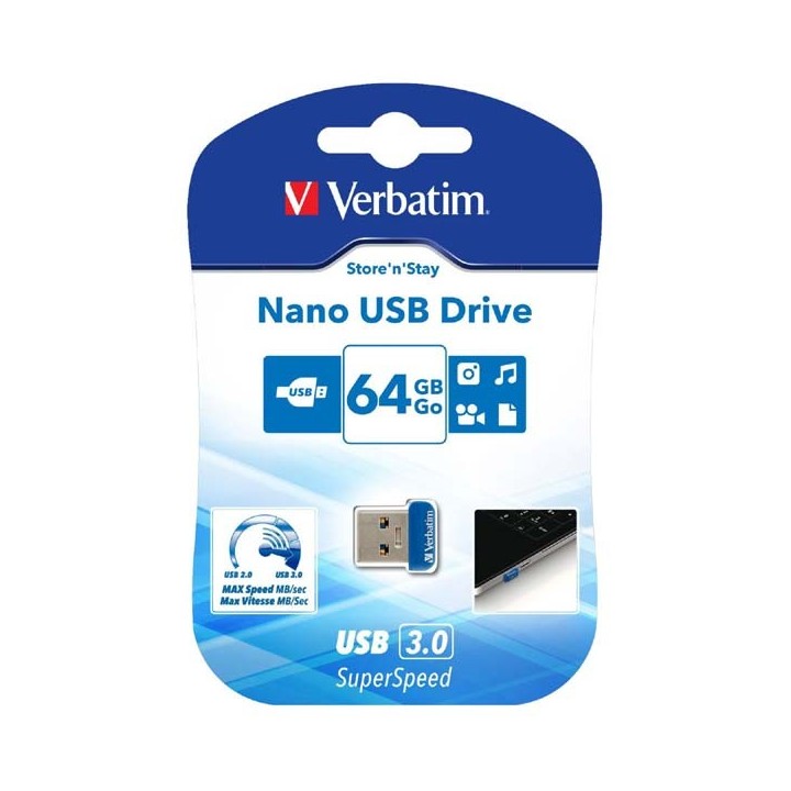 VERBATIM USB FLASH DISK, USB 3.0, 64GB, NANO, STORE N STAY, NIEBIESKI, 98711, USB A