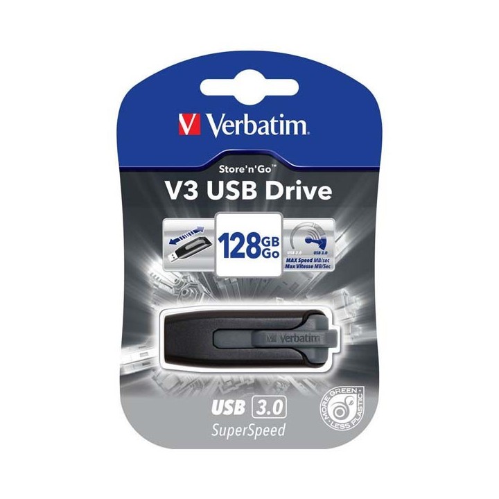 VERBATIM USB FLASH DISK, USB 3.0, 128GB, V3, STORE N GO, CZARNY, 49189, USB A, Z WYSUWANYM ZŁĄCZEM