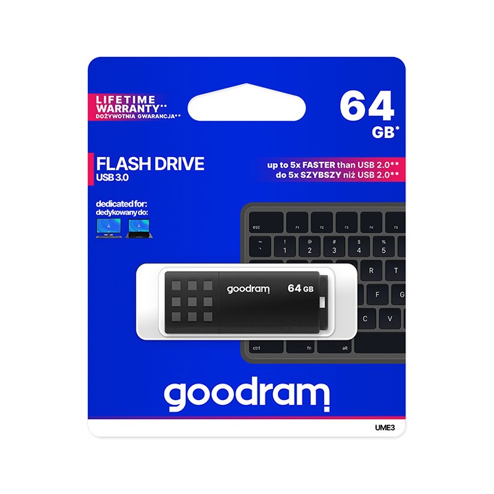GOODRAM USB FLASH DISK, USB 3.0, 64GB, UME3, CZARNY, UME3-0640K0R11, USB A, Z OSŁONĄ
