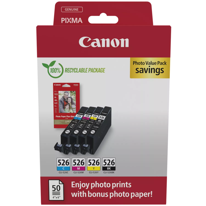 Canon oryginalny ink / tusz CLI-526 CMYK, 4540B019, black/color, 4-pack C/M/Y/K + paper