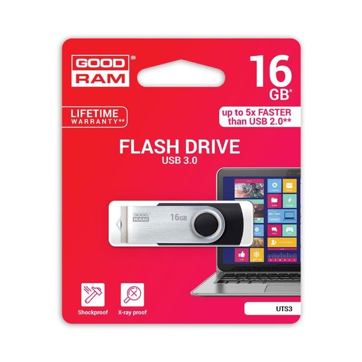 Goodram USB flash disk, USB 3.0, 16GB, UTS3, czarny, UTS3-0160K0R11, USB A, z obrotową osłoną